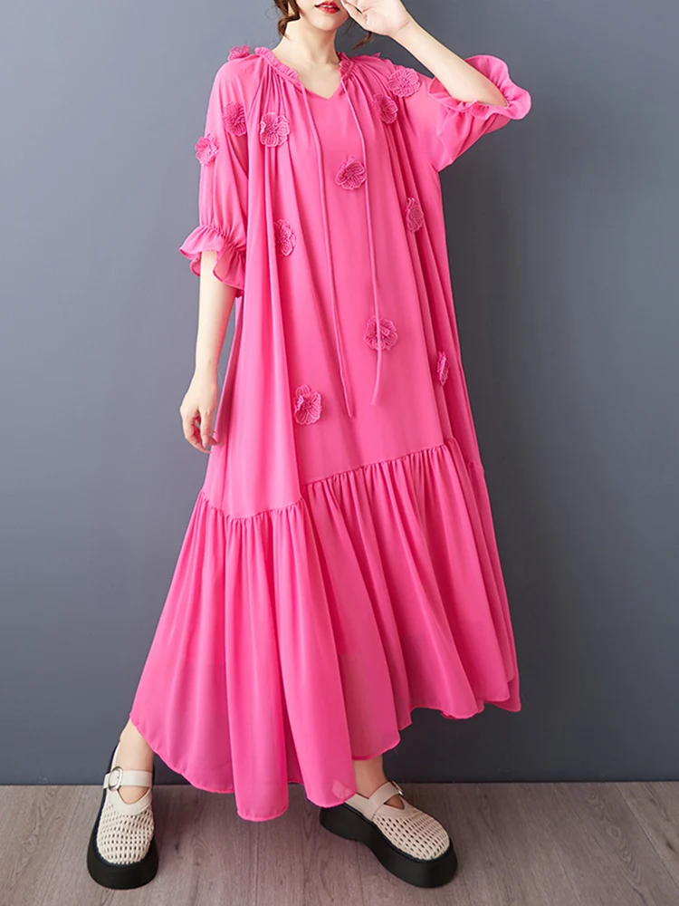 NOVEDAD DE VERANO 2021, vestidos florales Vintage rojos de gran tamaño para mujer, vestido largo informal holgado de manga corta, bata, ropa elegante de moda