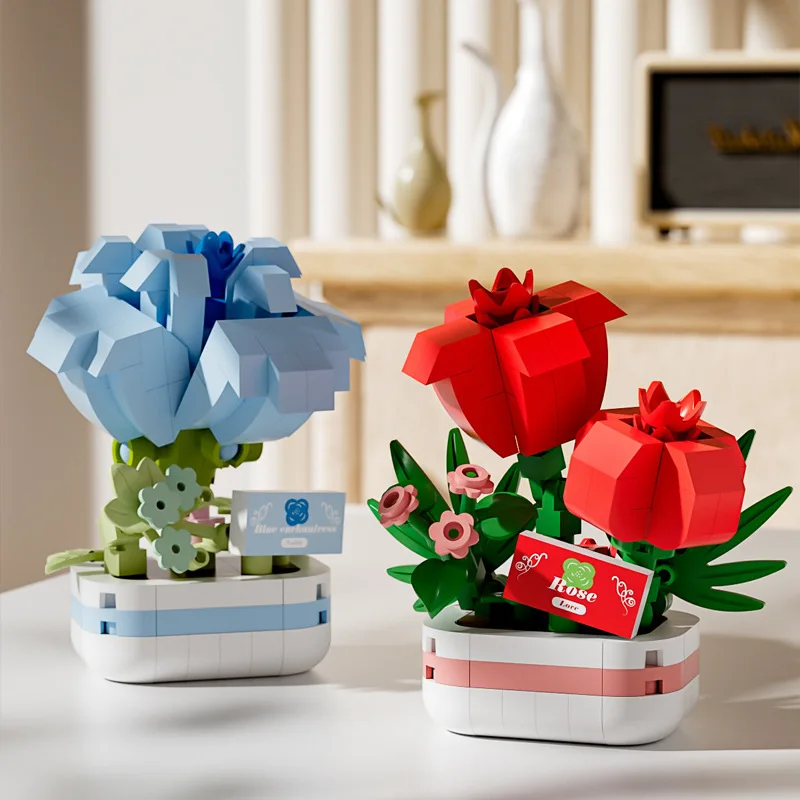 New Bouquet Bonsai Building Blocks Miniature Romantic Rose Sunflower Bricks DIY Potted Model Toy Children\'s Birthday Gift