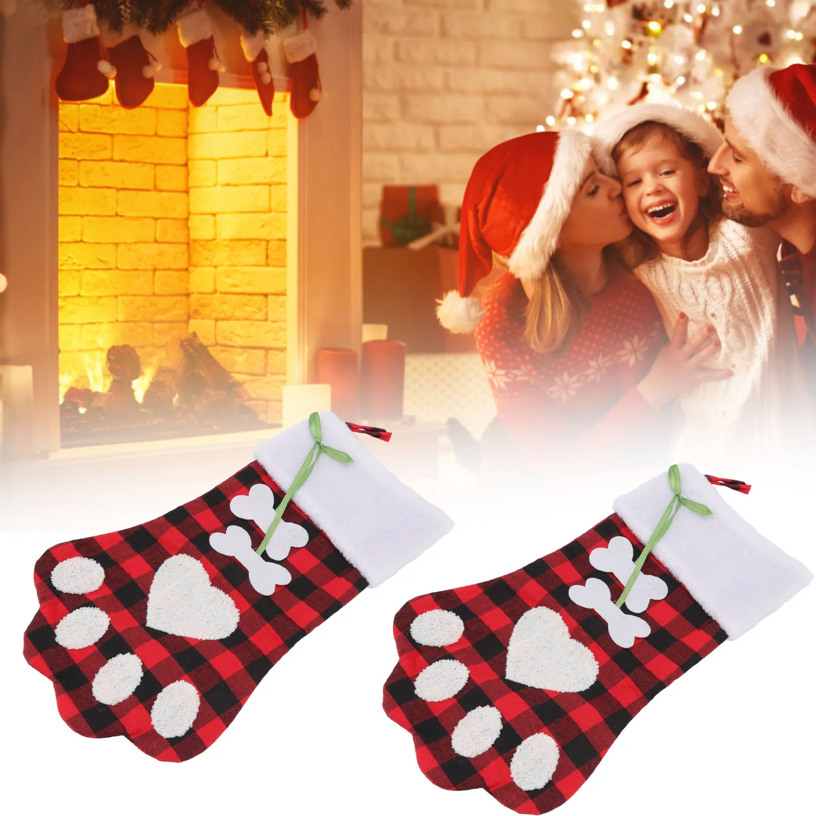 Christmas Stocking Dog Paw Shape Plaid Decorative Gift Bag Christmas Sock For Fireplace Bedside Stair 18.1in