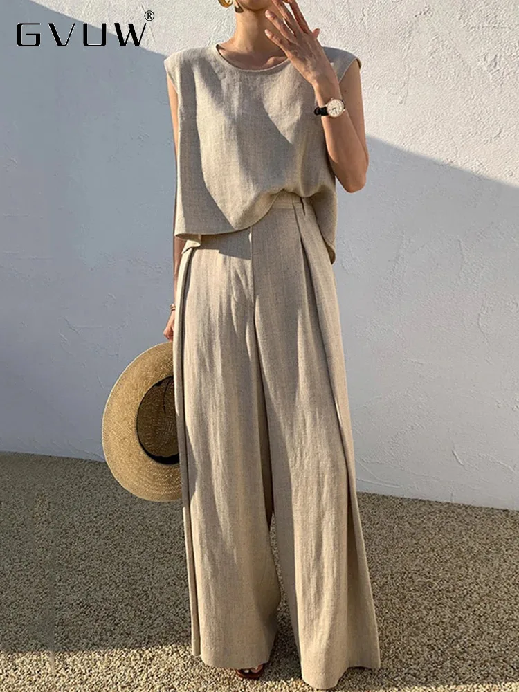 

GVUW Fashion 2 Pieces Set Round Collar Sleeveless Tops + Wide Leg Pants Solid Color New 2024 Female Casual Clothing 17G7484