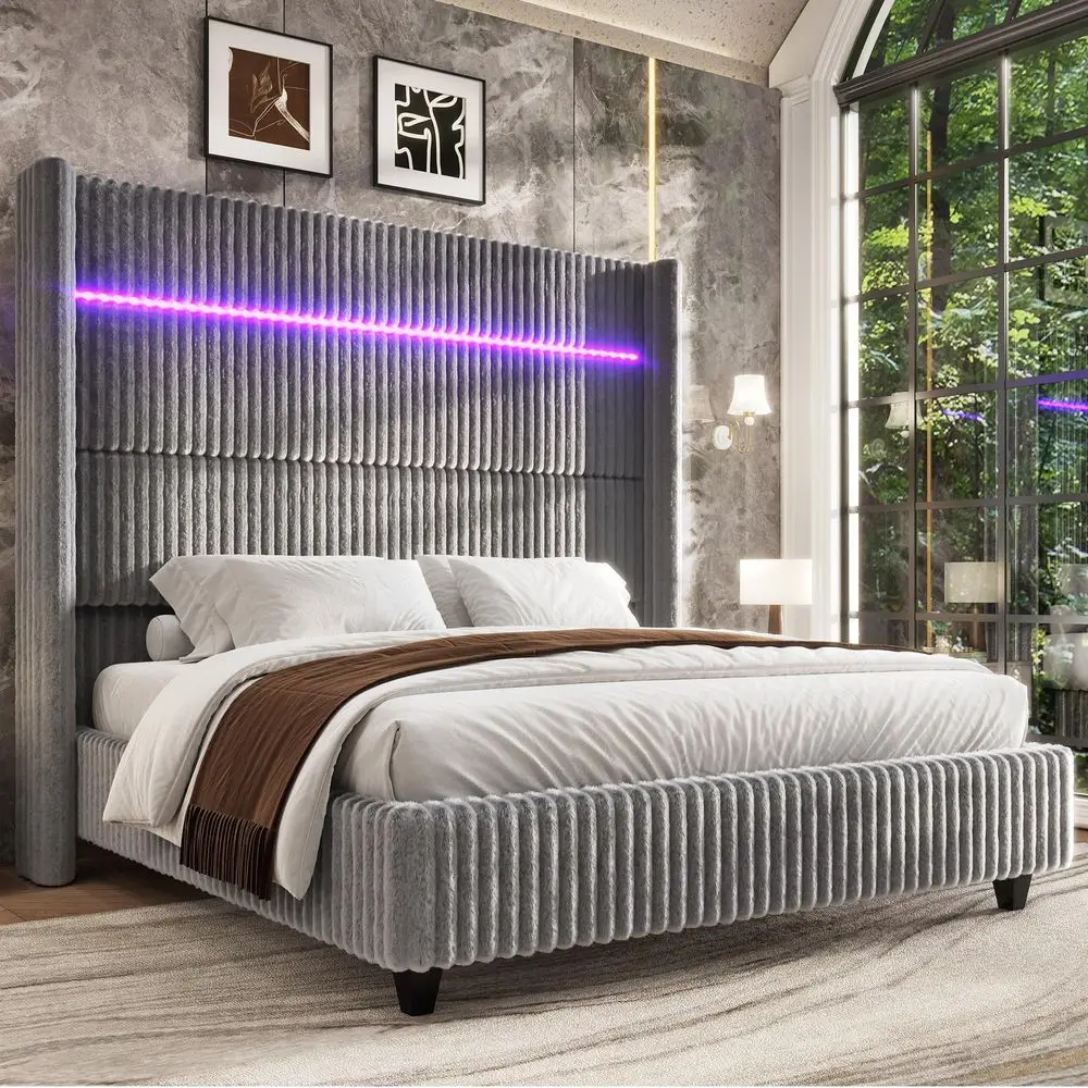 

King Size Bed Frame FauxFur holstered Bed 60 Tall Wingback Headboard with LED Lights Charging Station No Box Spring Needed Gr