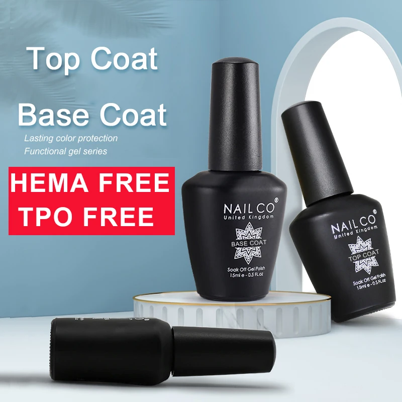 NAILCO Gel Nail Polish 15ml HEMA FREE AND TPO FREE Base Foundation No Wipe Top Coat Transparent Primer Soak off Lacquer Varnish