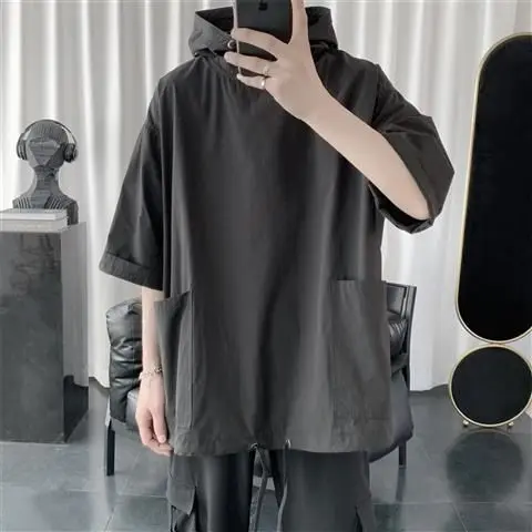 

Sweatshirt Summer Fashion Green Black 2022 Hoodie Short Sleeve Pockets Clothing Men Oversized Hip Hop Top Basketball Streetwear