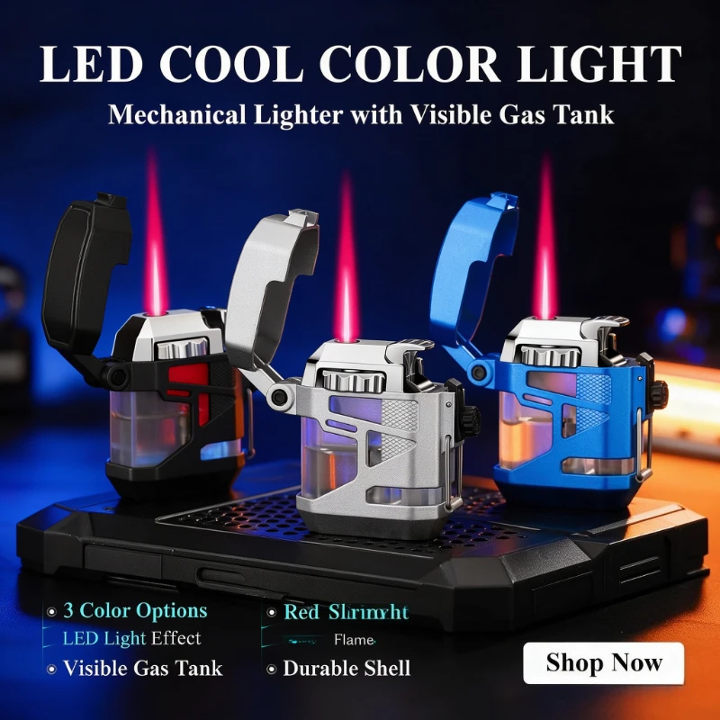 Windproof Transparent View Window Butane Lighter, Shiny & Stylish Look, Portable Refillable Gas Lighter as Smoking Supply