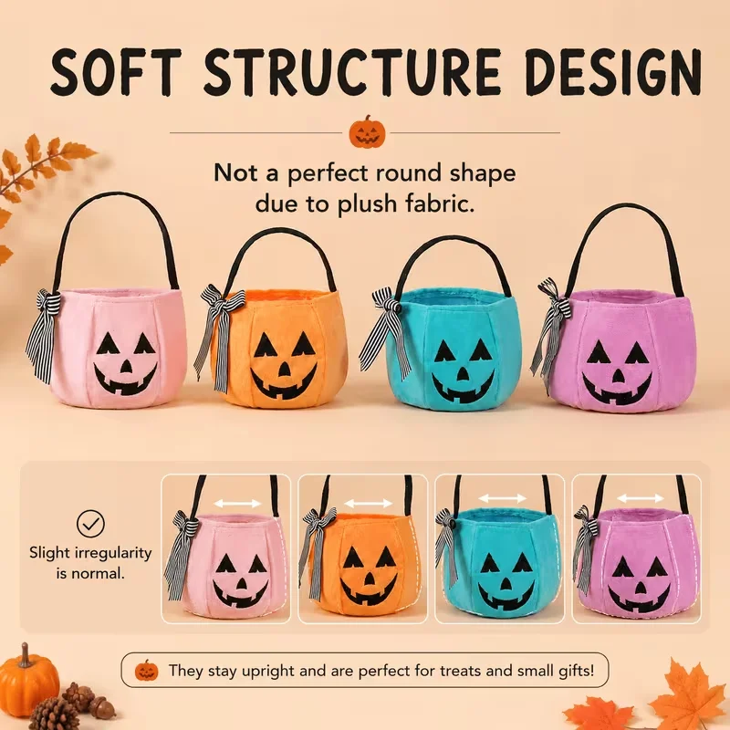 2-Pack Halloween Pumpkin Candy Buckets, Made of Soft Plush Material, Large Capacity Tote Candy Bags with Bow Decorations, Lightweight and Durable Pumpkin Buckets, Suitable for Halloween Party Favors, Home Decoration, and Jewelry Storage