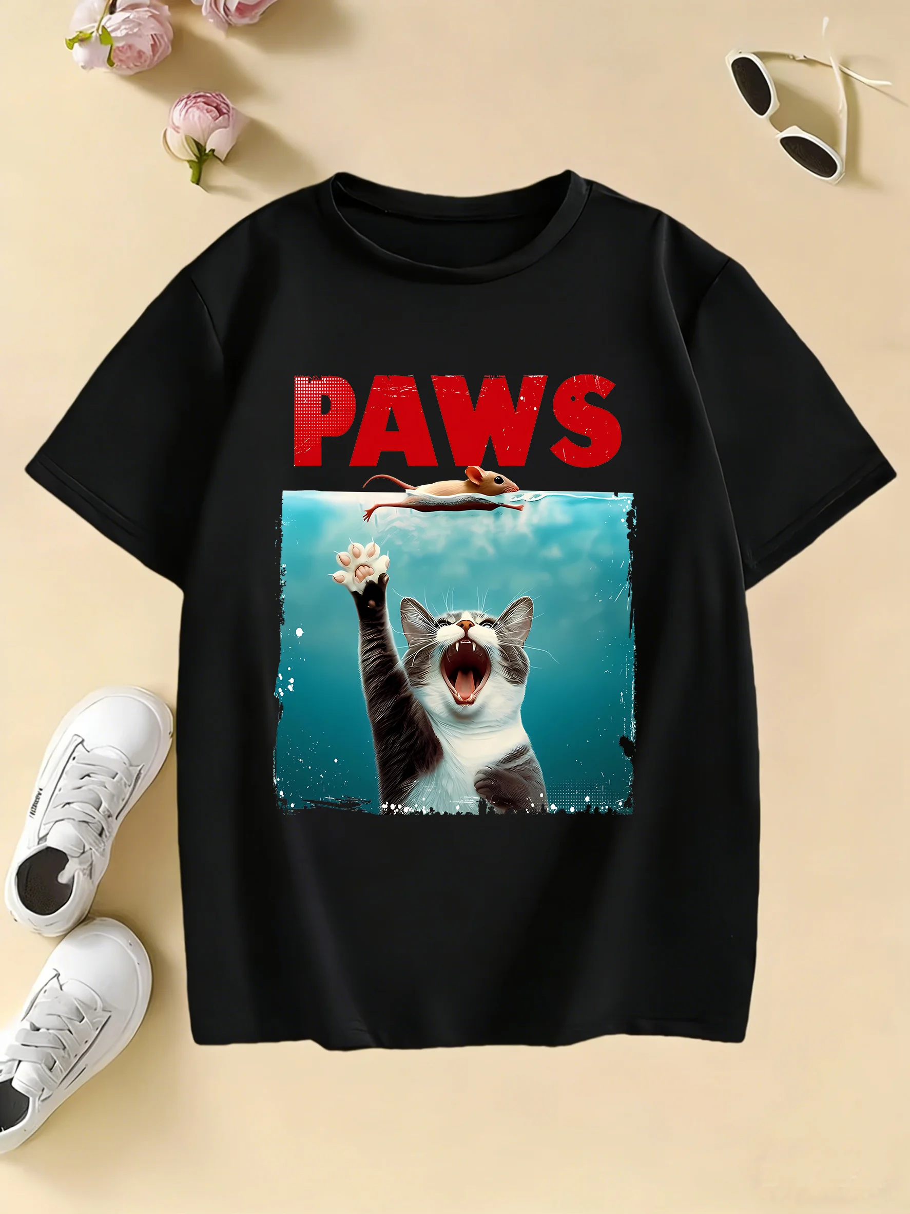 Swin Cat Design Printed T Shirts Kids Children's T-shirt Boys Girls Summer Spring Casual Top Tee