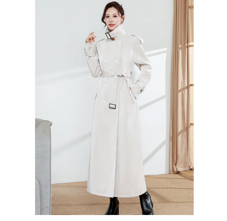 Lautaro Spring Autumn Extra Long Oversized Cool Reflective Shiny Black Patent Leather Trench Coat for Women Belt Runway Fashion
