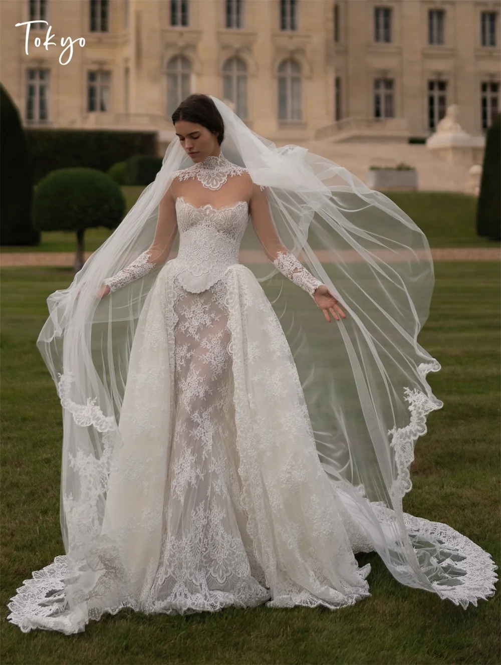 Tóquio personalizado branco alto necklink vestidos de casamento mangas compridas tribunal trem vestidos de noiva 2025 elegante sereia vestidos de casamento