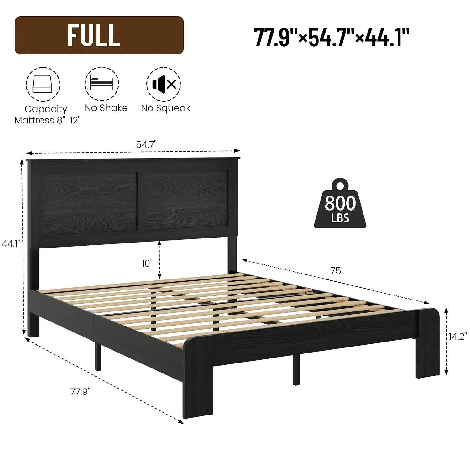 Full Size Black Farmhouse Wood Bed Frame with Panel Headboard