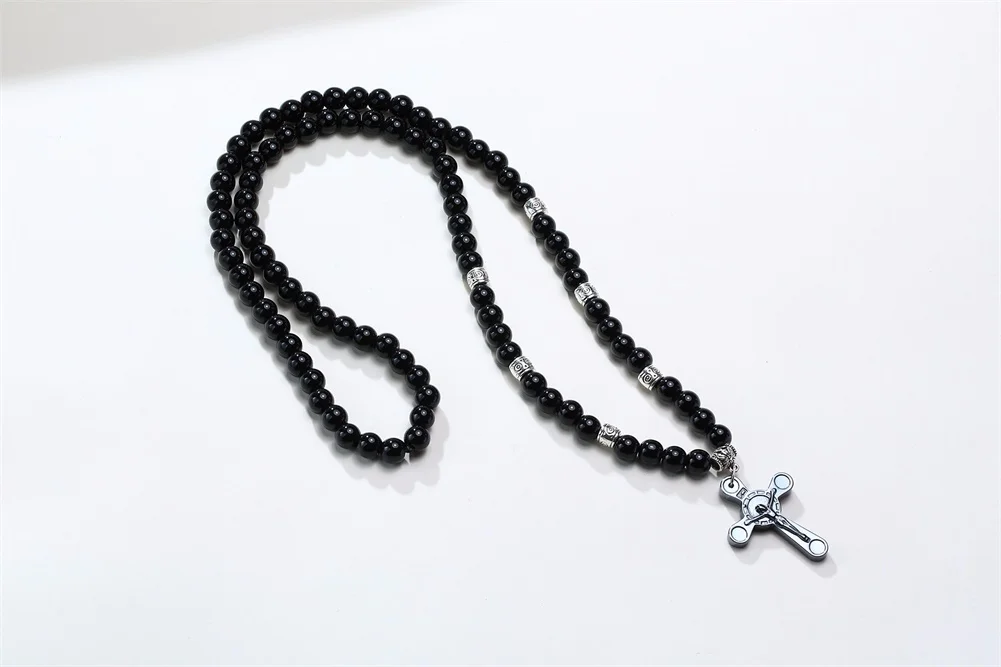 HERREN SCHWARZE CARNELIANISCHE STEIN ROSAIRPERLEN-HALSKETTE CROSS CRUCIFIX KATHOLISCHER MÄNNLICHER SCHMUCK – Detail 3