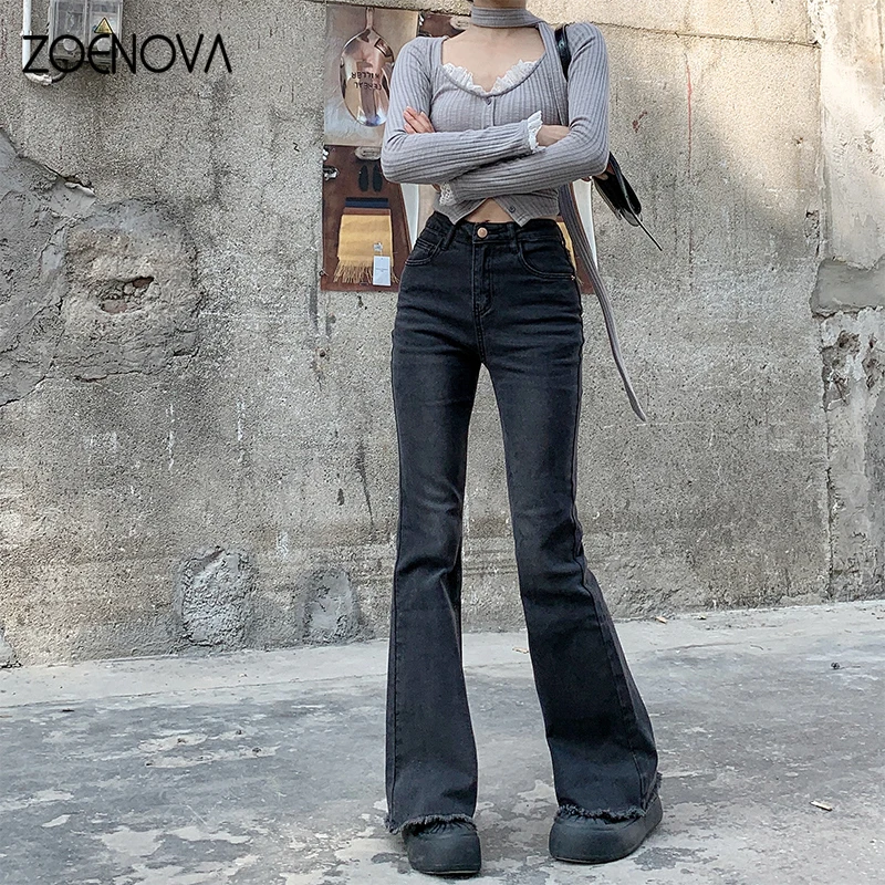 ZOENOVA 2024 Wiosna Lato Moda Damskie Spodnie z szerokimi nogawkami z wysokim stanem Czarne Raw Edge Casual Retro Ladies Flared Jeans