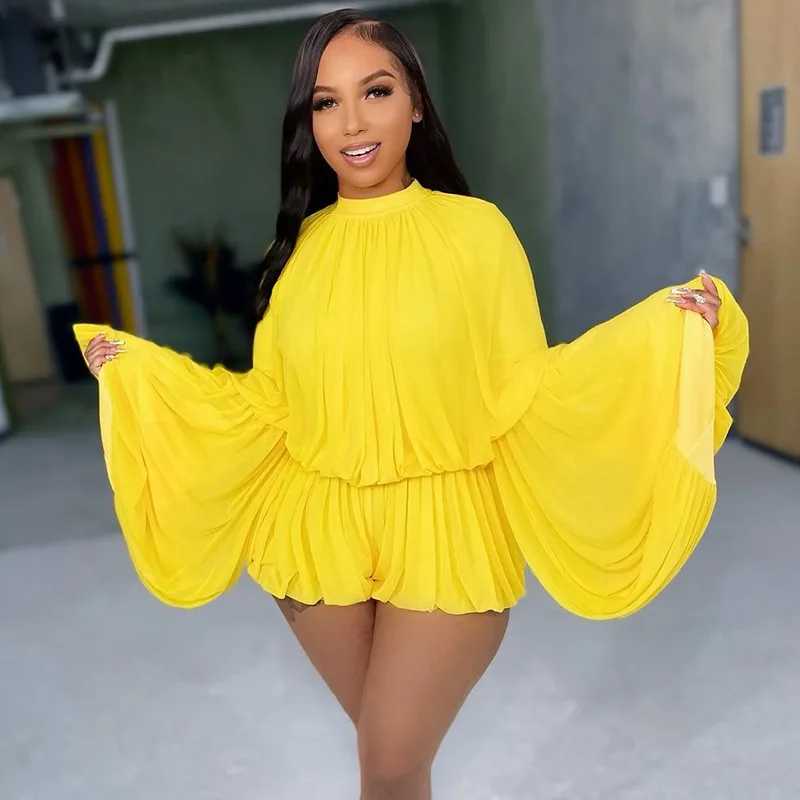 

Женские модные цельные шорты в повседневном стиле с круглым вырезом и рюшами и длинными рукавами, свободные элегантные