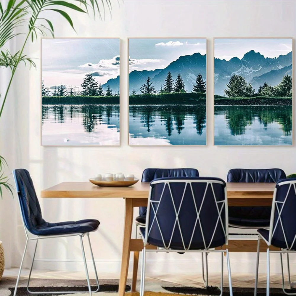 2D Flat 3pcs Unframed IDEAWALL Wall Art Print Set High Contrast Mountain Lake Reflection Nature Wilderness Photography Realis