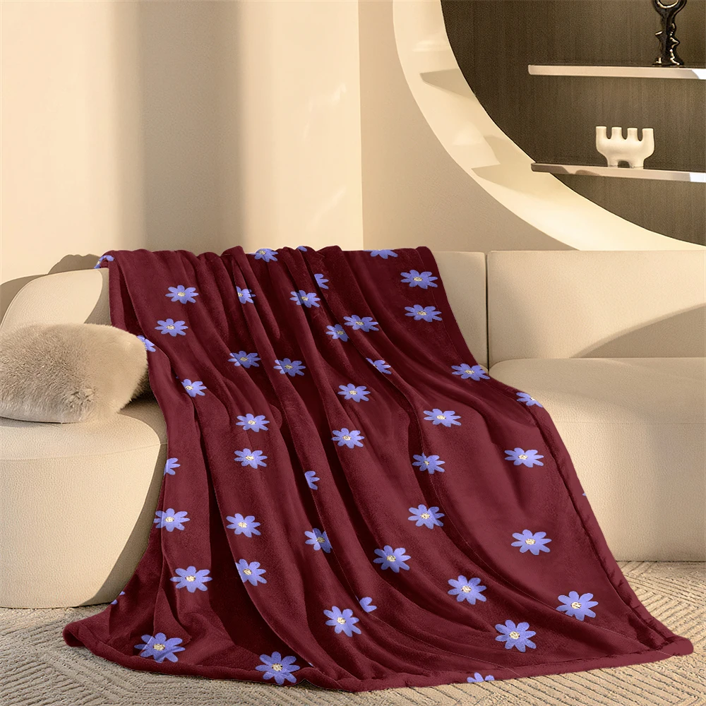 Burgundy Tiny Flowers Lightweight Flannel Blanket Breathable Cozy Throw Blanket for Spring Summer Sofa Bed Air Conditioning