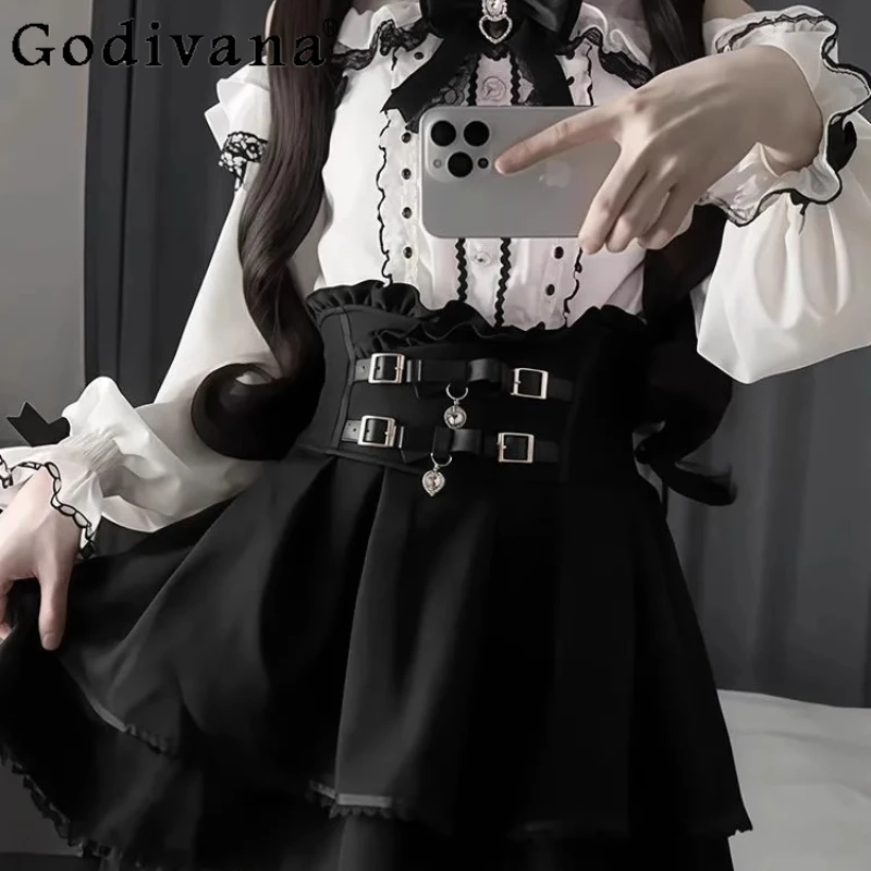 

College Style Outfits for Women White Long Sleeve Shirt High Waist Slimming Short Skirt Two Piece Set Female Lolita Suits