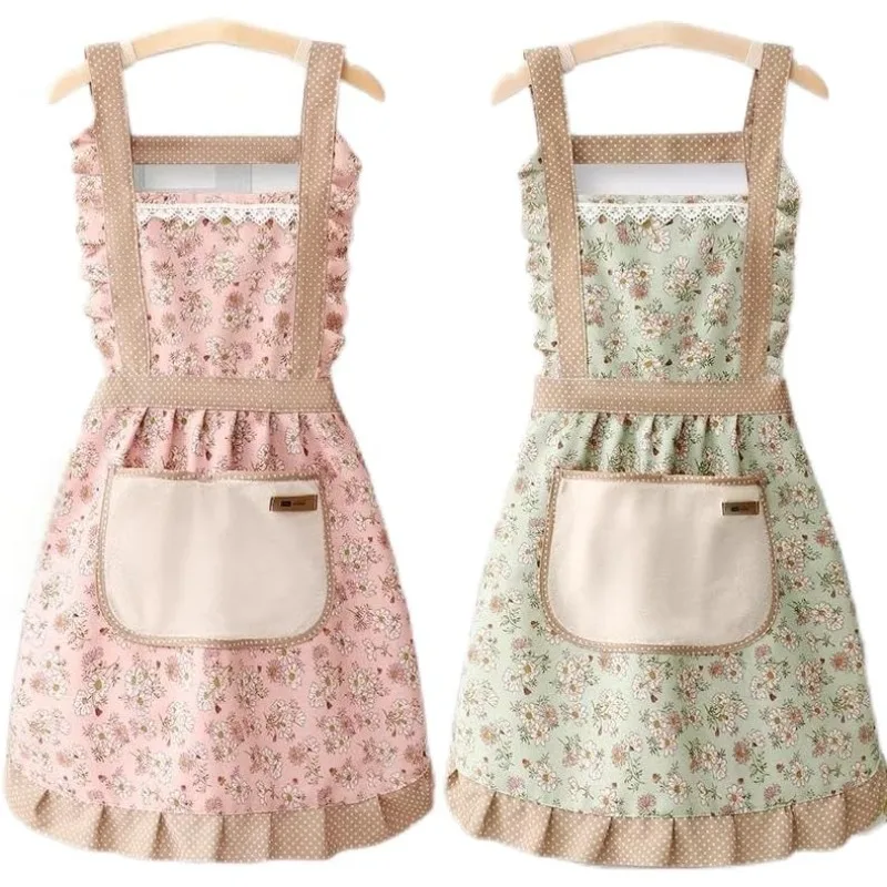 2PCS Lovely Flower Pattern Canvas Apron Female Household Kitchen Cooking Antifouling Breathable Wear Cleaning Suitable