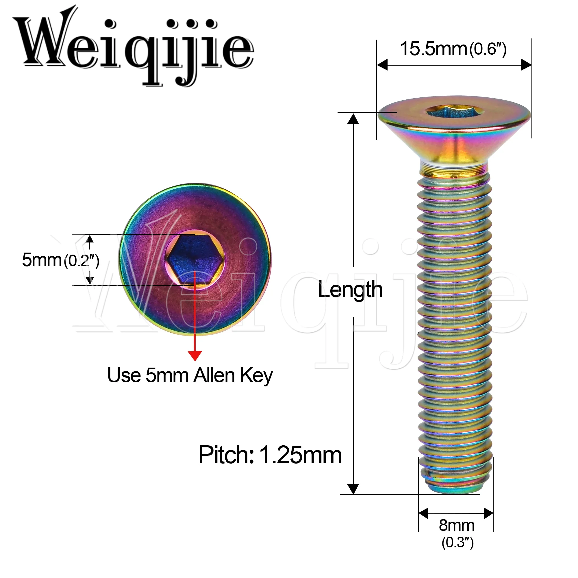 Weiqijie 6pcs Titanium Bolt M8x15 20 25 30 35 40 45 50 60 65mm Countersunk Titanium Alloy Screw for Bicycle Motorcycle