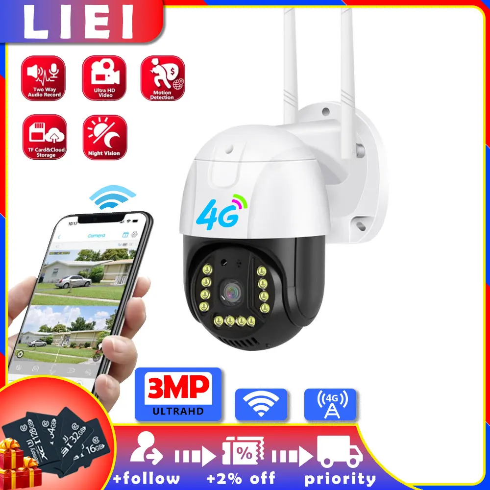 

LIEI PTZ 4G SIM Card Camera 3MP 5X Zoom Auto Focus Fixed Lens Outdoor 8pcs Led IR Two Way Audio CCTV Surveillance APP Remote