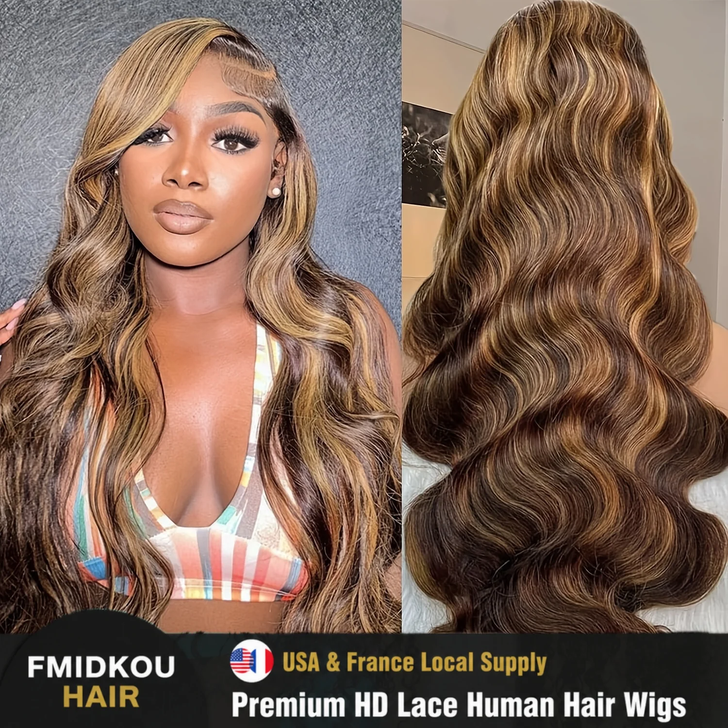 Perruques Lace Frontal 13x4 HD Blond Miel 4/27, Densité 200, Ombré avec Mèches, Ondulation Body Wave, Cheveux Humains, Ligne de Cheveux Naturelle