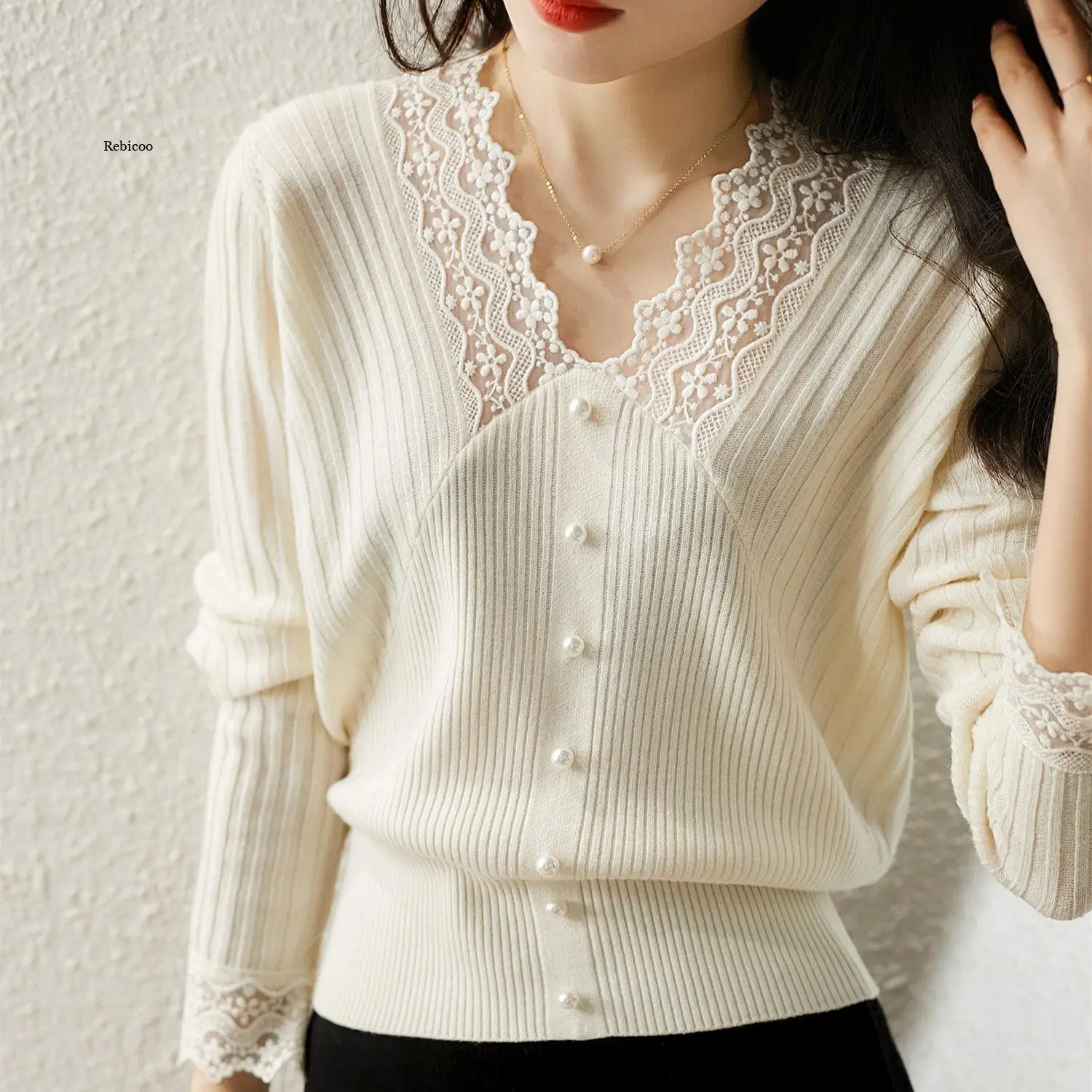 

Spring Autumn Women Sweet Lace Patchwork Slim Pearls Button White Black Knitted Sweater , Fall Pullover Sweaters for Women