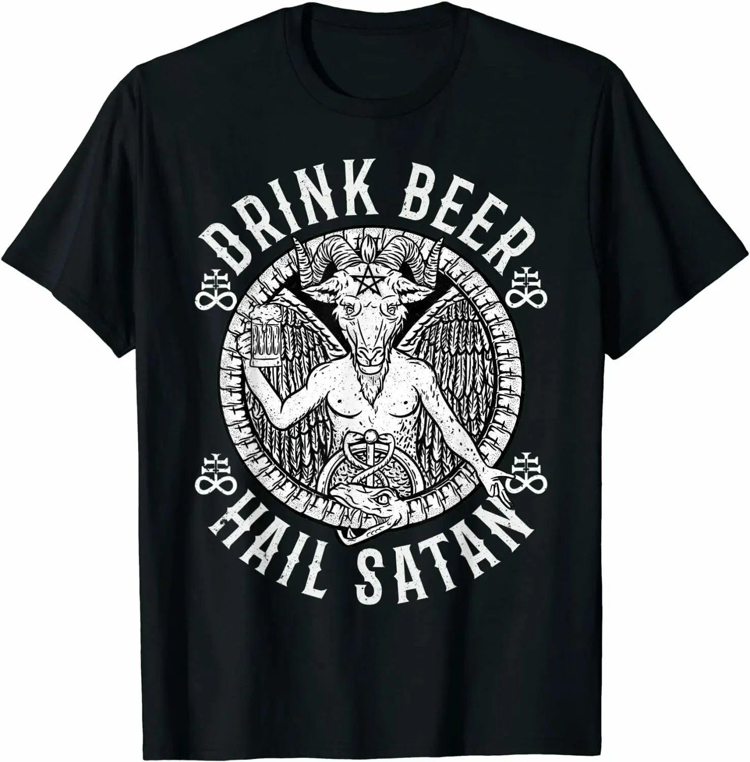 Drink Beer Hail Satan Funny Satanic Baphomet T-Shirt 100% Cotton O-Neck Short Sleeve Summer Casual Mens T-shirt Streetwear