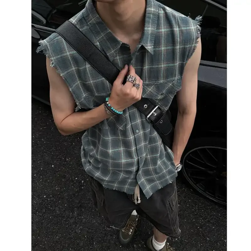 

Mens Sleeveless Plaid Shirt Casual Street Style Summer Wear With Frayed Edges And Button Front Design