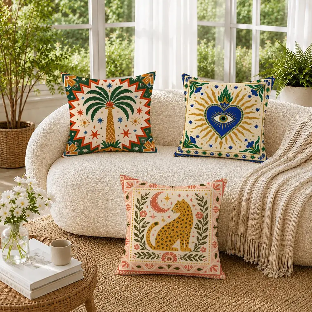 Minimal Boho Sun Leopard Palm Tree Cushion Cover Double-Sided Plush Sofa Cushion Covers Organic Breathable Invisible Zipper