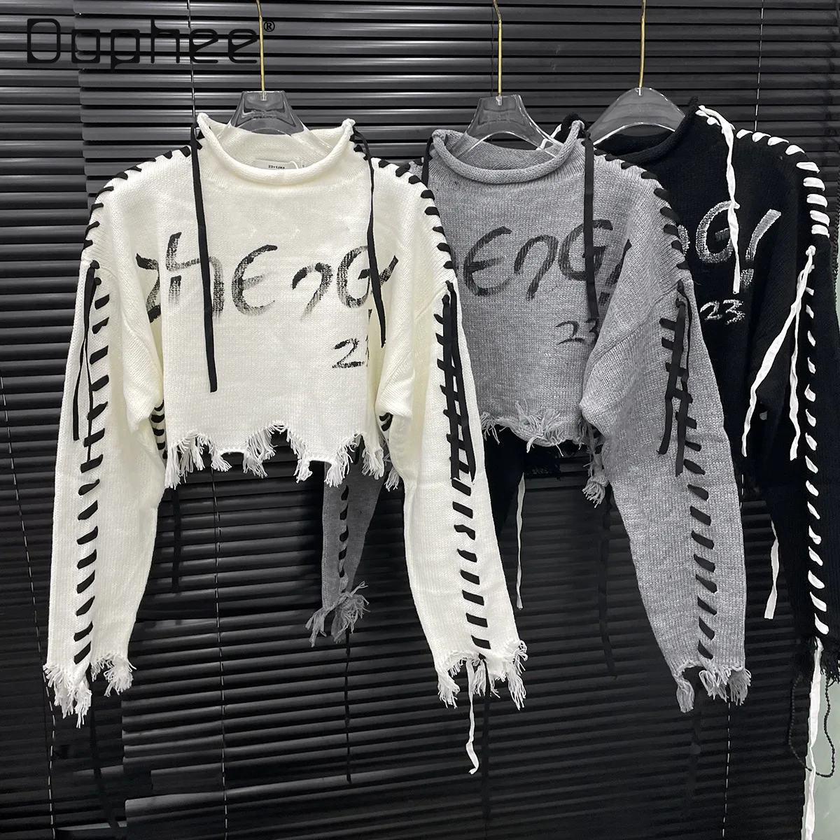 

2025 Autumn New Fashion Personality Letter Print Tie Long Sleeve Knitted Sweater Women Trendy Hot Girl Y2K Hollow Short Pullover