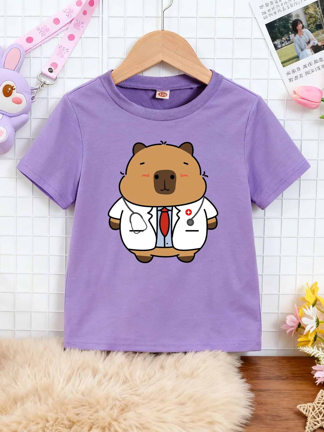 

Cute And Fun Capybara Doctor Printed Children's Short-Sleeved T-Shirt, Light Purple Round-Neck Summer Comfort Top