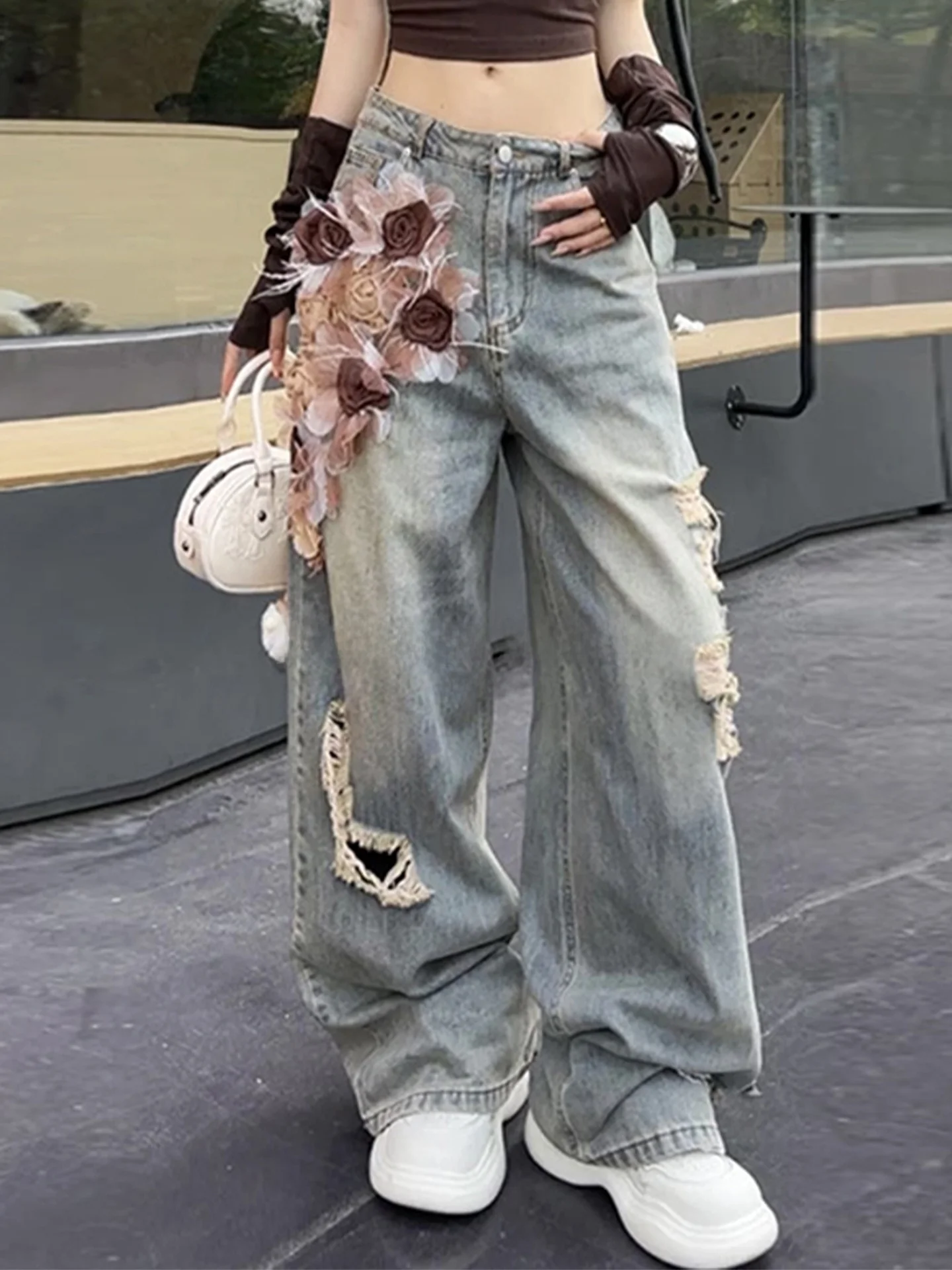 

High Waist Rose Hole Denim Jeans Women Summer Design Loose Casual Wide Leg Pants Rouje Kefss Casual Sle Other Material