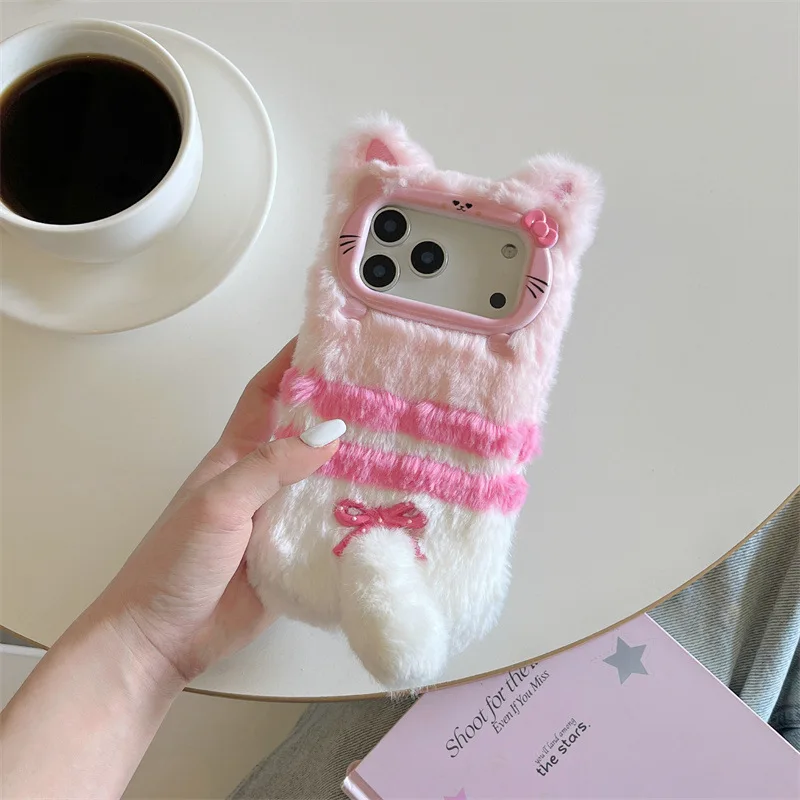Cute Cartoon Cat Bowknot Warm Furry Fur Plush Phone Case for iPhone 17 Air 16 15 14 13 12 11 Pro Max Shockproof Protective Cover