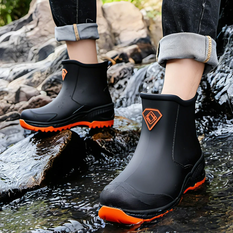 Men's Rain Boots Wear-resistant Water Boots Outdoor Non-slip Fishing Short Boots Platform Work Boot Warm Waterproof Rubber Shoes