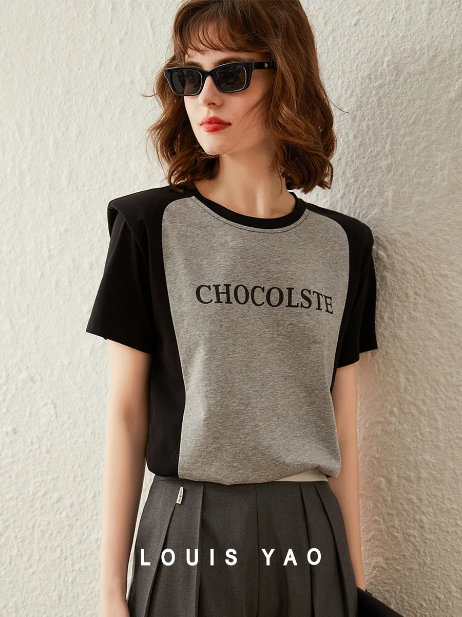 LOUIS YAO Women's T-shirt 2025 Splicing Shoulder Pad Design Letter Pattern Top Summer Fashion Round Neck Short Sleeve T-shirt