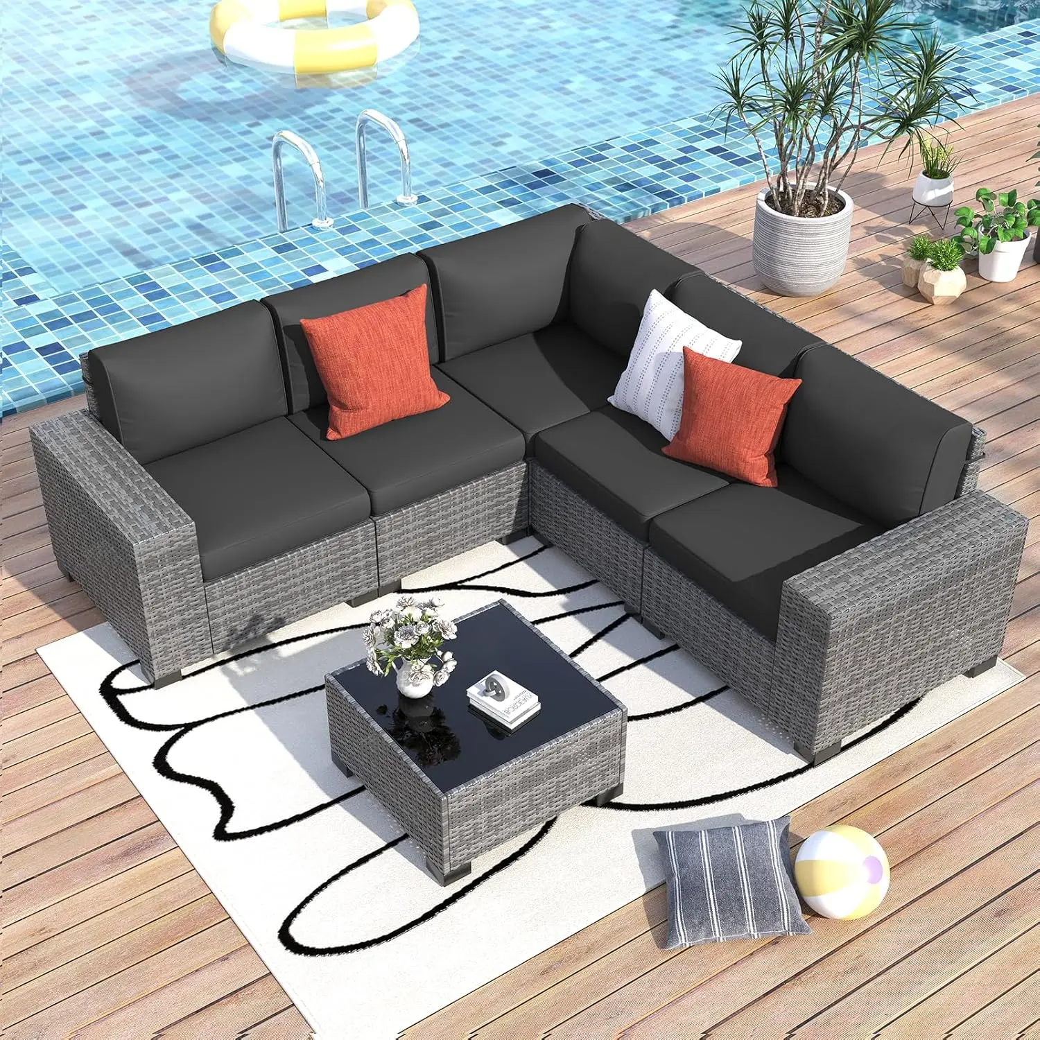Furniture Set, Wide Outdoor Sectional Rattan Sofa Set, Wicker Patio Conversation Set , Poolside, Porch,
