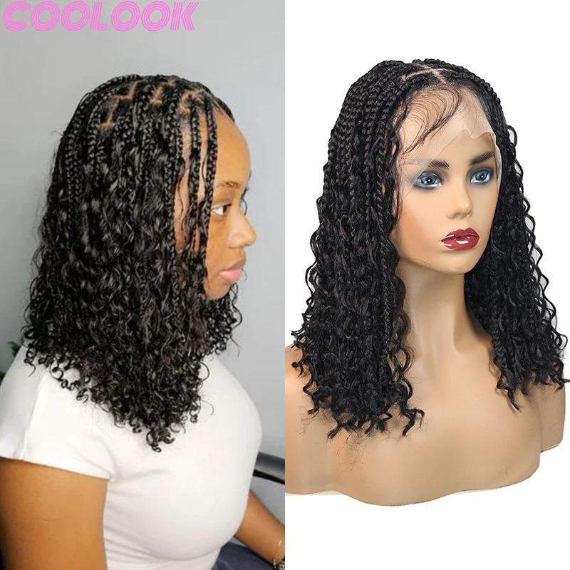 Synthetic Curly Boho Knotless Box Braided Wigs Goddess Bohemian 360 Full Lace Braids Wig 12 Inch Short Bob Lace Front Braid Wigs