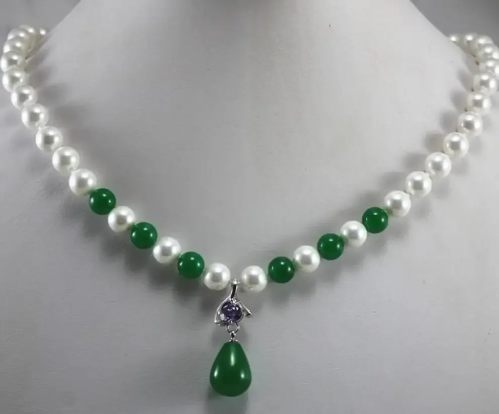 

Fashion design 8mm white shell beads + silver plated Jade Necklace Pendant