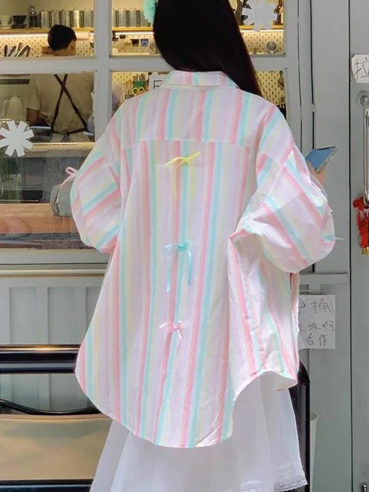 Zoki قوس قزح مخطط قميص المرأة عادية فضفاض الحلو الكورية بلوزة خمر كم طويل أنيق لطيف القوس سيدة الربيع الصيف القمم #1