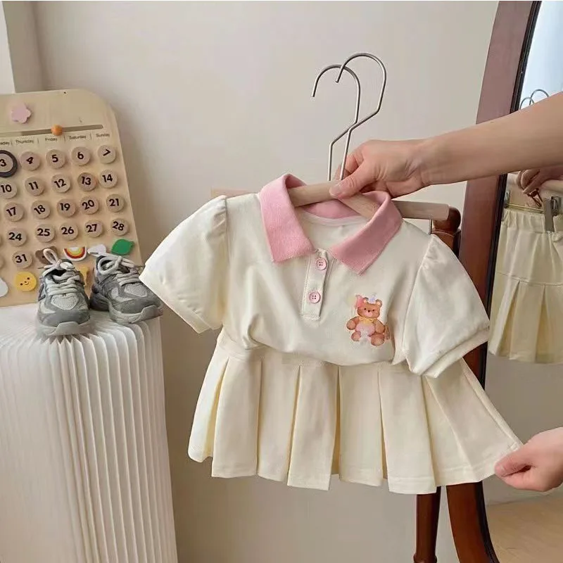 Girl Sets Children\'s Baby Lapel Short-Sleeved Tops Skirt Two-Piece Summer Children\'s Casual Fashion Sweet Cute Suit 2-8 Years