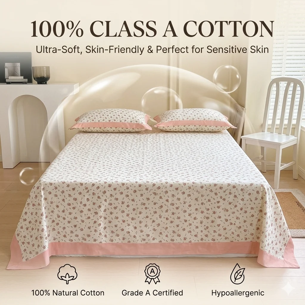 Class A 100% Cotton Flat Bed Sheet Set Luxury Floral Old Coarse Cloth Breathable Bedding Set Wear-Resistant Drape Mattress Cover