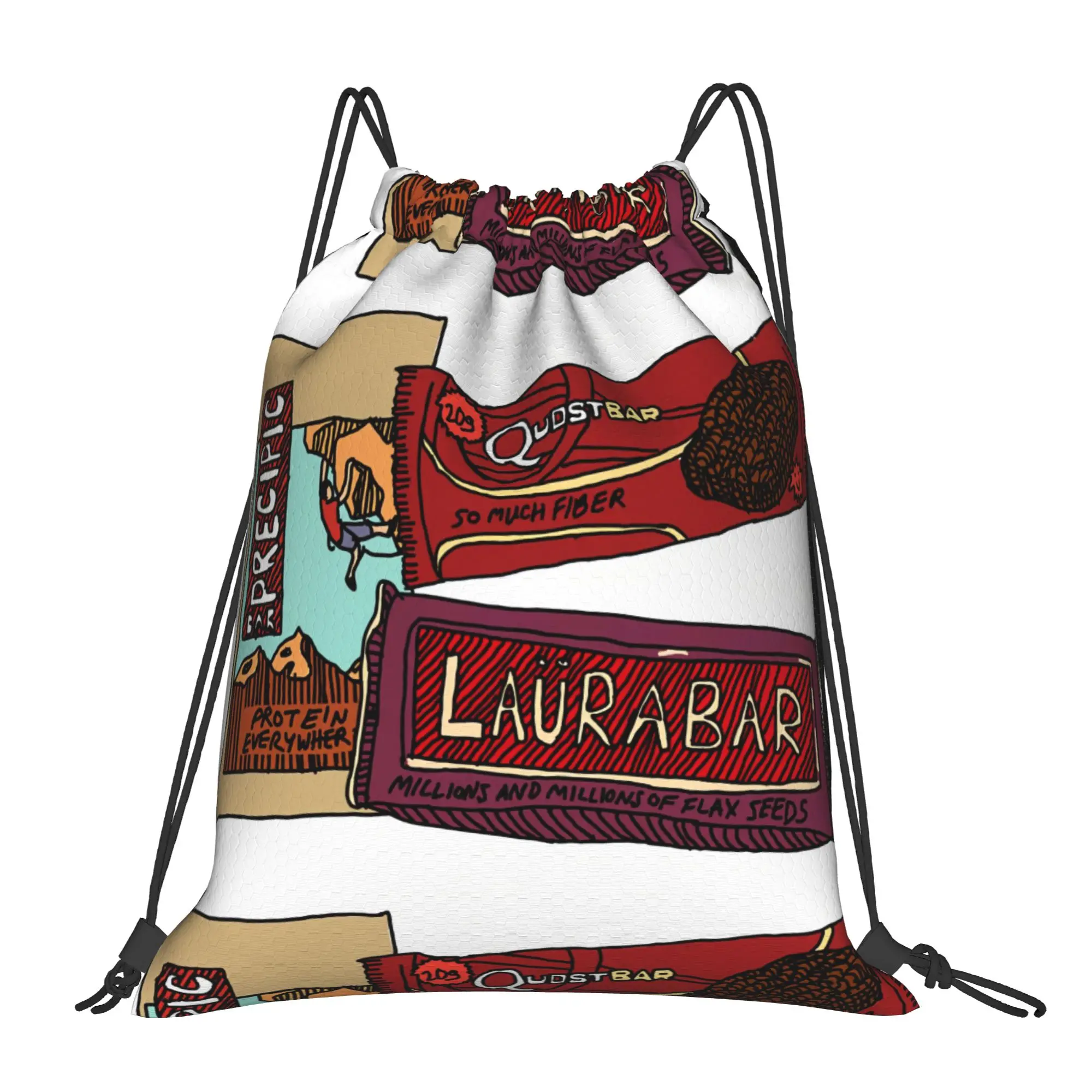 LÄRABARR Hand Drawn Doodle Style Protein Bar  Portable Sports Riding Gym Drawstring Storage Sporty Backpacks
