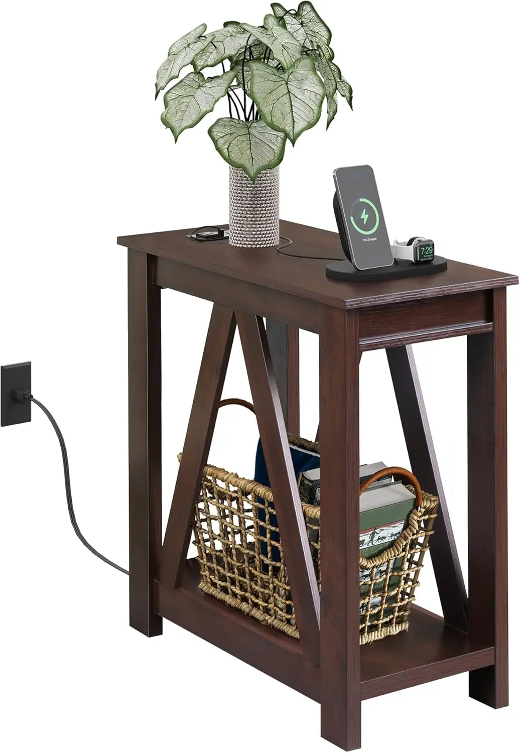 

End Table with Charging Station of Open Storage Shelf，Sofa Side Table with 2 USB Ports and 2 Power Outlets