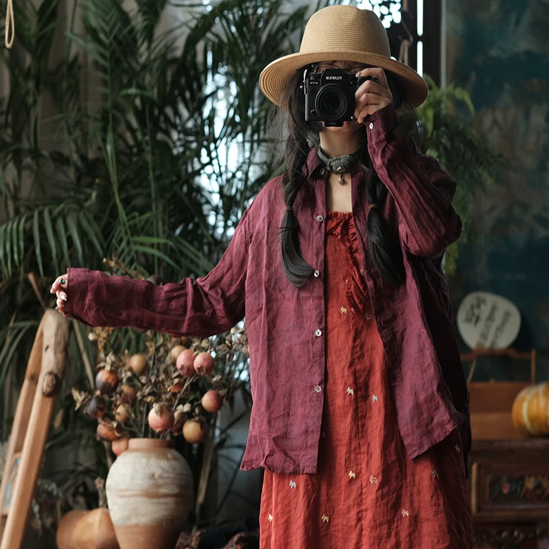 

Женская рубашка из 100% льна с длинным рукавом, повседневная, новинка 2026 года, весенний винтажный стиль, однотонная, базовая модель, топы, рубашки M2509