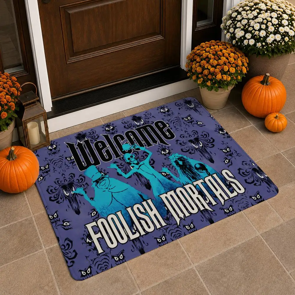 Purple Gothic Ghosts Haunted Welcome Spooky Scene Floor Mat Soft Flannel Non Slip Absorbent Entryway Bathroom Bedroom Garage