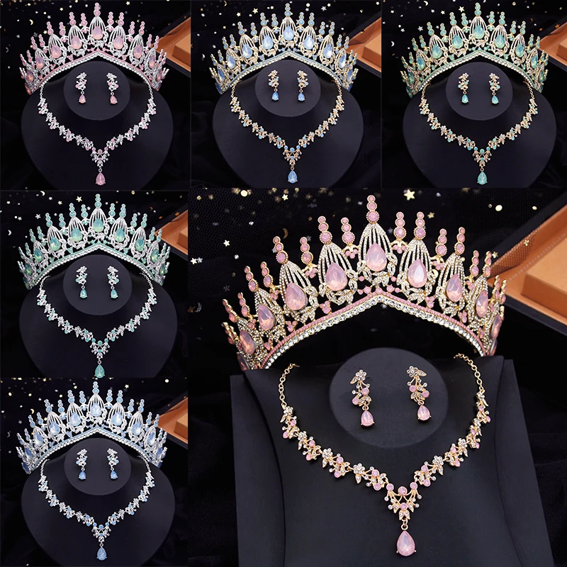 

Bridal Crown Jewelry Sets for Women Opal Pink Choker Necklace Earrings Sets Prom Wedding Tiaras Bride Jewelry Accessories