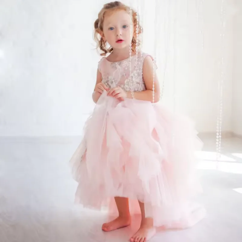 Custom Pink Girls' Floral Multi-Layer Tulle Skirt Dress for Weddings Birthday Parties Proms Evening Gowns