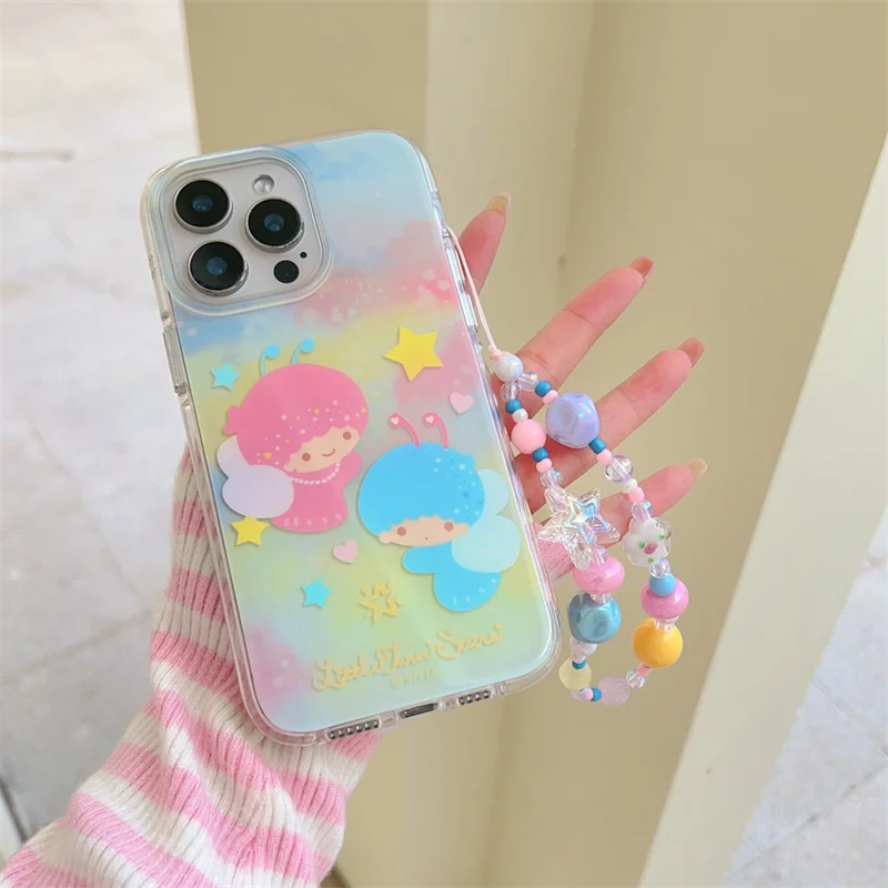

Cute Gradient Rainbow Cartoon Star Gemini Couple Phone Protect Case For iPhone 13 14 15 16 Pro Max 3D Gemini Star Wrist Strap