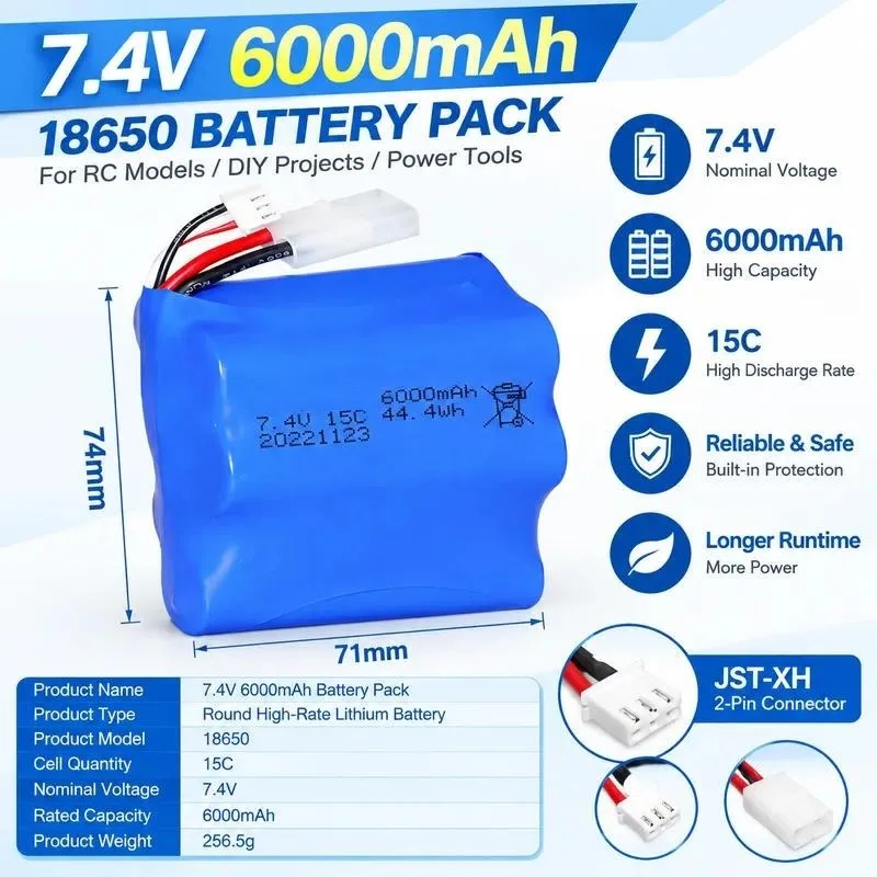 for Remote Control Boat Battery 7.4V 6000mAh 15C High Rate Cylindrical 18650 Lithium Battery Pack for High Speed RC Boat