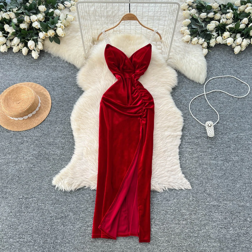 Chic vintage velour sleeveless Beading Elegant Fairy korean fashion Sundress women clothing Long dress