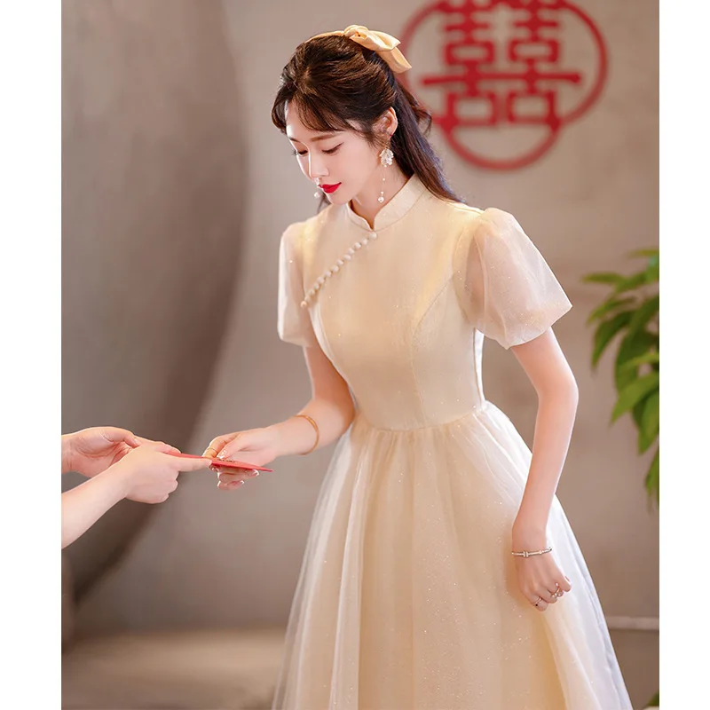 Yourqipao Champagne Color Chinese Wedding Party Dresses 2023 Tradtional Improvment Cheongsams Engagement Wedding Toast Clothing