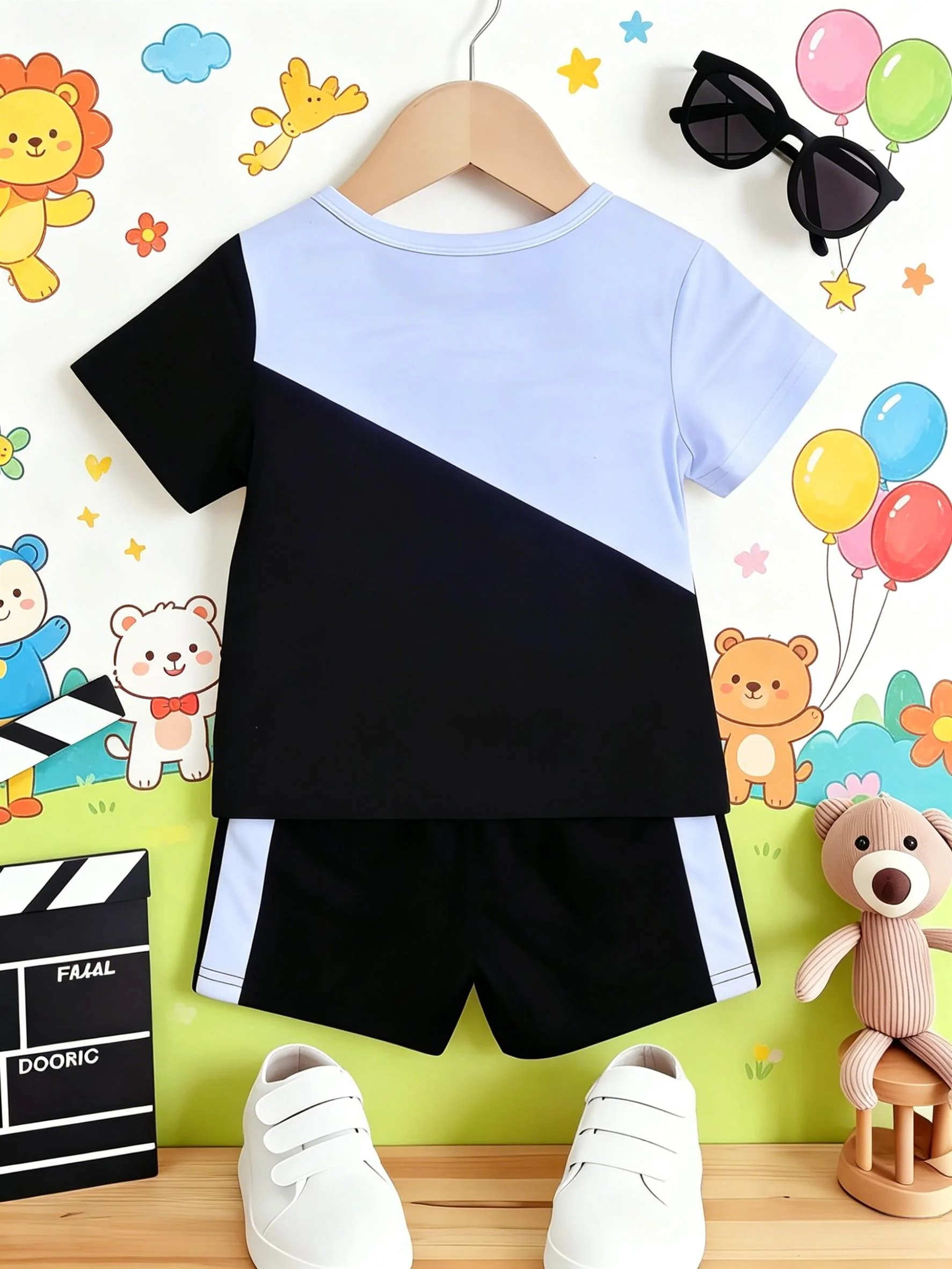 Color Block Dad Me Hand In Hand Print Short Sleeve Shorts Set Boys Casual Style New Arrival